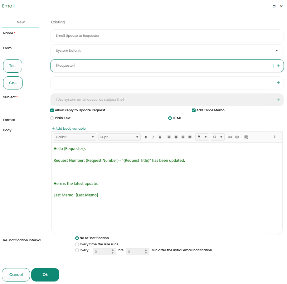 Sample 6: Email notification to Requester when a request has been updated